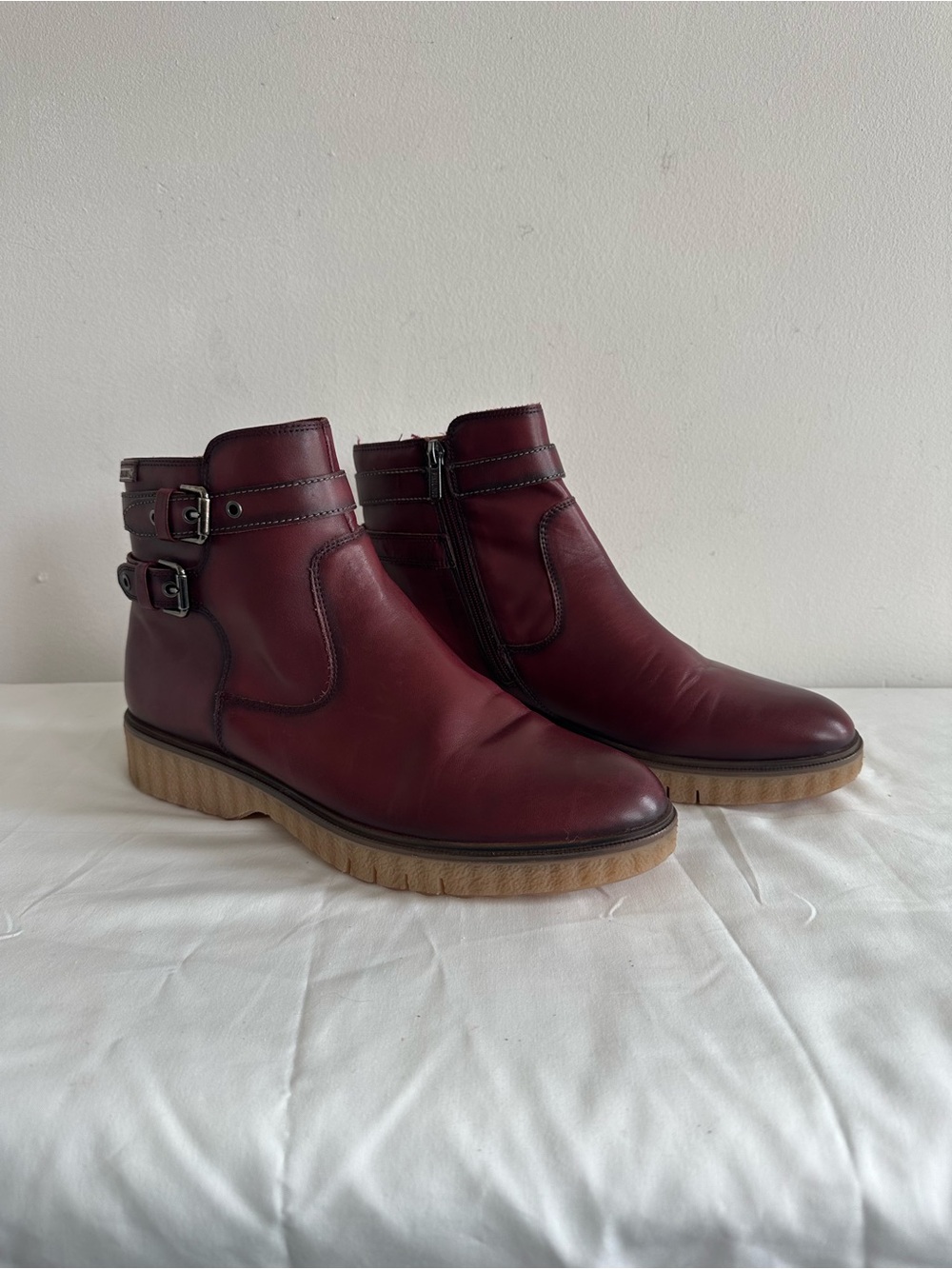 PIKOLINOS Women's Burgundy Leather Ankle Boots with Dual Buckles